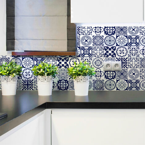 Sticker Mural Carrelage adhésif Cuisine Salle de Bain - 16 STICKERS CARRELAGES AZULEJOS ORNEMENTS FLORALES BLEU - 16stickers10x10cm