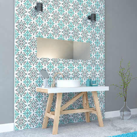 Sticker Mural Carrelage adhésif Cuisine Salle de Bain - 24 STICKERS CARREAUX DE CIMENT AZULEJOS CATALINA - 24stickers10x10cm (1/5)