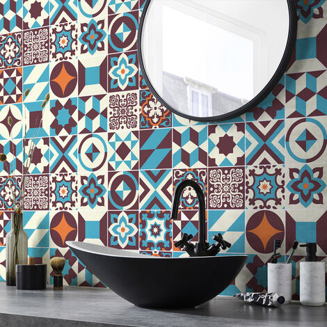 Sticker Mural Carrelage adhésif Cuisine Salle de Bain - 24 STICKERS CARREAUX DE CIMENT AZULEJOS LECCINA - 24stickers10x10cm (1/5)