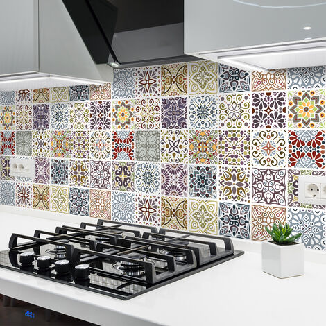 Sticker Mural Carrelage adhésif Cuisine Salle de Bain - 24 STICKERS CARREAUX DE CIMENT AZULEJOS YAGO - 24stickers10x10cm (1/5)