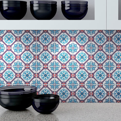 Sticker Mural Carrelage adhésif Cuisine Salle de Bain - 24 STICKERS CARREAUX DE CIMENT AZULEJOS CALANTHA - 24stickers10x10cm (1/5)