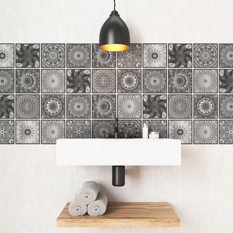 Sticker Mural Carrelage adhésif Cuisine Salle de Bain - 24 STICKERS CARREAUX DE CIMENT BOHÈME POLOMA - 24stickers10x10cm (1/5)