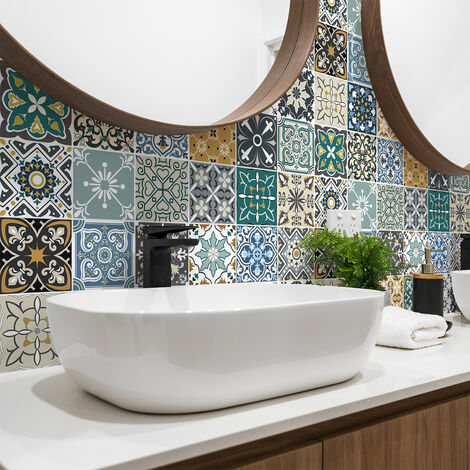 Sticker Mural Carrelage adhésif Cuisine Salle de Bain - 24 STICKERS CARREAUX DE CIMENT AZULEJOS MONDELO - 24stickers10x10cm (1/5)