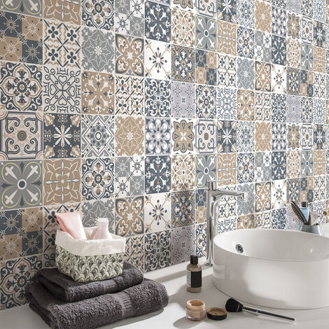 Sticker Mural Carrelage adhésif Cuisine Salle de Bain - 24 STICKERS CARREAUX DE CIMENT AZULEJOS BRUNIONA - 24stickers10x10cm (1/5)
