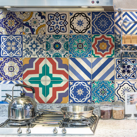 Sticker Mural Carrelage adhésif Cuisine Salle de Bain - 24 STICKERS CARREAUX DE CIMENT CHIARA - 24stickers10x10cm (1/5)