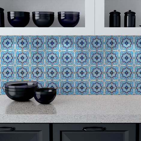 Sticker Mural Carrelage adhésif Cuisine Salle de Bain - 24 STICKERS CARREAUX DE CIMENT AZULEJOS HENRIQUE - 24stickers10x10cm (1/5)