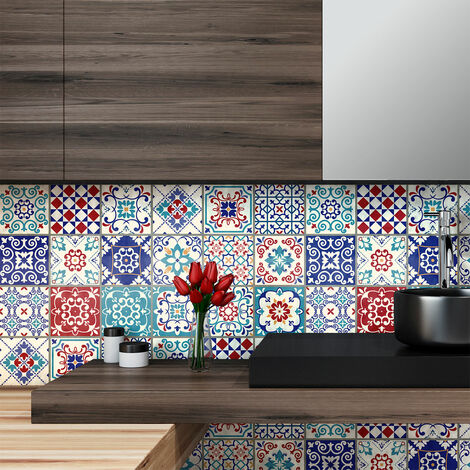 Sticker Mural Carrelage adhésif Cuisine Salle de Bain - 24 STICKERS CARREAUX DE CIMENT AZULEJOS LUCILIO - 24stickers10x10cm (1/5)
