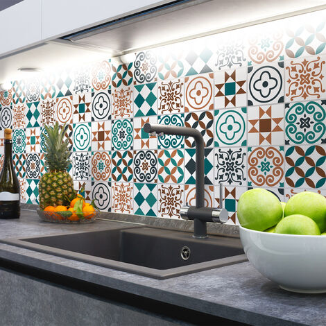 Sticker Mural Carrelage adhésif Cuisine Salle de Bain - 24 STICKERS CARREAUX DE CIMENT AZULEJOS ZOENIA - 24stickers15x15cm (1/5)