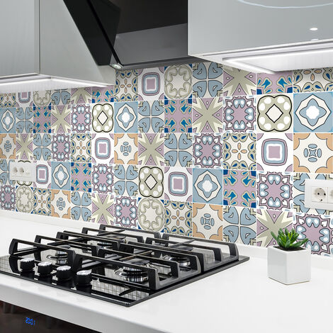 Sticker Mural Carrelage adhésif Cuisine Salle de Bain - 24 STICKERS CARREAUX DE CIMENT AZULEJOS MONA - 24stickers10x10cm (1/5)