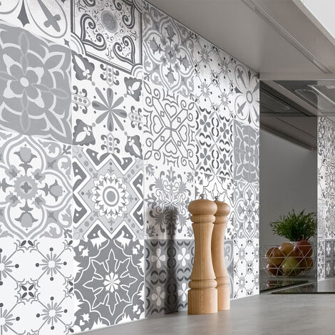 Sticker Mural Carrelage adhésif Cuisine Salle de Bain - 24 STICKERS CARREAUX DE CIMENT NUANCES DE GRIS GYTHIO - 24stickers10x10cm