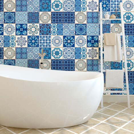 Sticker Mural Carrelage adhésif Cuisine Salle de Bain - 24 STICKERS CARREAUX DE CIMENT AZULEJOS AZZURRA - 24stickers10x10cm (1/5)
