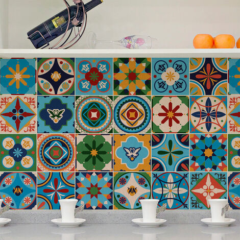 Sticker Mural Carrelage adhésif Cuisine Salle de Bain - 24 STICKERS CARREAUX DE CIMENT AZULEJOS LIDINA - 24stickers10x10cm (1/5)