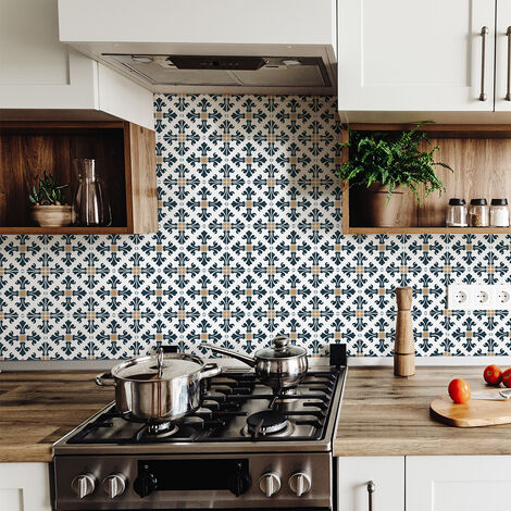 Sticker Mural Carrelage adhésif Cuisine Salle de Bain - 9 STICKERS CARREAUX DE CIMENT AZULEJOS CILIA - 9stickers15x15cm (1/5)
