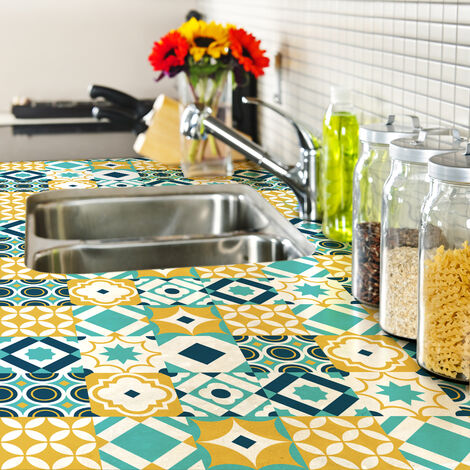 Sticker Mural Carrelage adhésif Cuisine Salle de Bain - 30 STICKERS CARREAUX DE CIMENT MEUBLE ALENCIANO - 30stickers10x10cm (1/5)