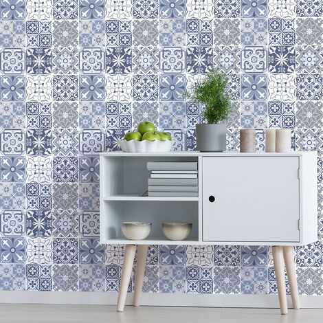 Sticker Mural Carrelage adhésif Cuisine Salle de Bain - 9 STICKERS CARREAUX DE CIMENT AZULEJOS LIPINO - 9stickers15x15cm (1/5)