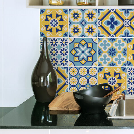 Sticker Mural Carrelage adhésif Cuisine Salle de Bain - 9 STICKERS CARREAUX DE CIMENT AZULEJOS INDIA - 9stickers15x15cm (1/5)