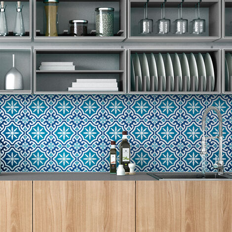Sticker Mural Carrelage adhésif Cuisine Salle de Bain - 9 STICKERS CARREAUX DE CIMENT AZULEJOS KATHINA - 9stickers10x10cm (1/5)