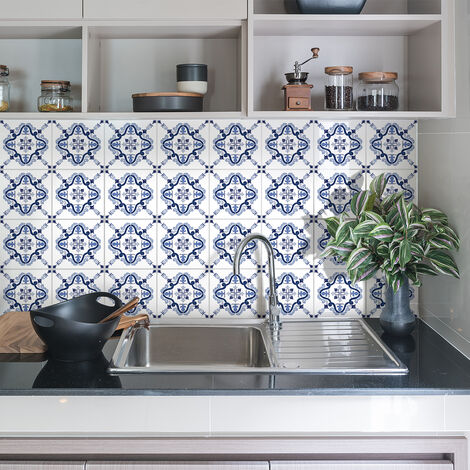 Sticker Mural Carrelage adhésif Cuisine Salle de Bain - 24 STICKERS CARREAUX DE CIMENT AZULEJOS LOICIA - 24stickers10x10cm (1/5)
