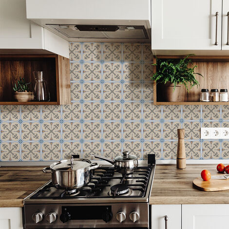 Sticker Mural Carrelage adhésif Cuisine Salle de Bain - 9 STICKERS CARREAUX DE CIMENT AZULEJOS LIO - 9stickers15x15cm (1/5)