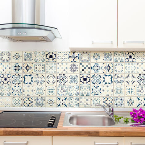 Sticker Mural Carrelage adhésif Cuisine Salle de Bain - 9 STICKERS CARREAUX DE CIMENT AZULEJOS ALFIO - 9stickers15x15cm (1/5)