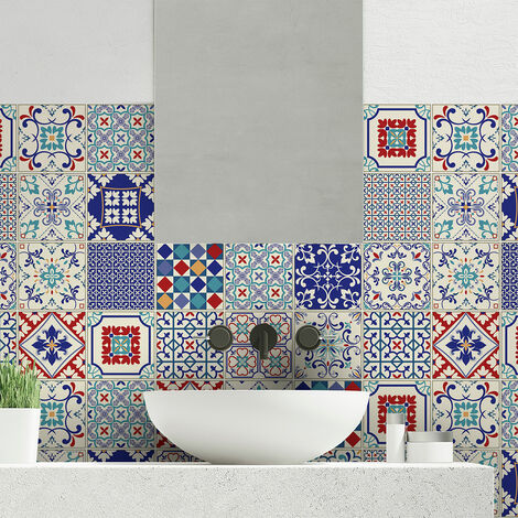 Sticker Mural Carrelage adhésif Cuisine Salle de Bain - 24 STICKERS CARREAUX DE CIMENT AZULEJOS SOFIANA - 24stickers10x10cm (1/5)