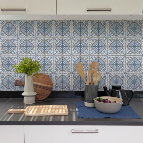 Sticker Mural Carrelage adhésif Cuisine Salle de Bain - 9 STICKERS CARREAUX DE CIMENT AZULEJOS FLORENCIA - 9stickers15x15cm (1/5)