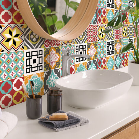 Sticker Mural Carrelage adhésif Cuisine Salle de Bain - 9 STICKERS CARREAUX DE CIMENT BRIGITNIA - 9stickers10x10cm