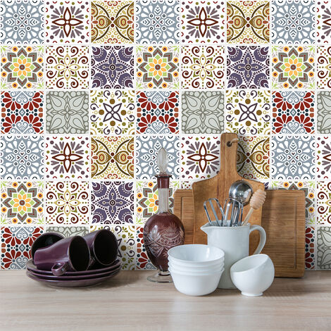 Sticker Mural Carrelage adhésif Cuisine Salle de Bain - 9 STICKERS CARREAUX DE CIMENT AZULEJOS YAEL - 9stickers15x15cm (1/5)