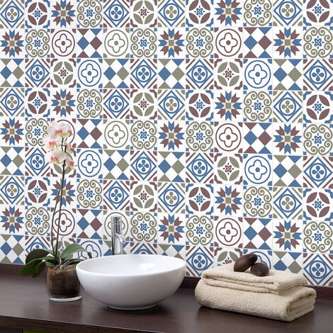 Sticker Mural Carrelage adhésif Cuisine Salle de Bain - 9 STICKERS CARREAUX DE CIMENT AZULEJOS LITICINA - 9stickers15x15cm (1/5)