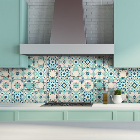 Sticker Mural Carrelage adhésif Cuisine Salle de Bain - 9 STICKERS CARREAUX DE CIMENT AZULEJOS LERIA - 9stickers15x15cm (1/5)