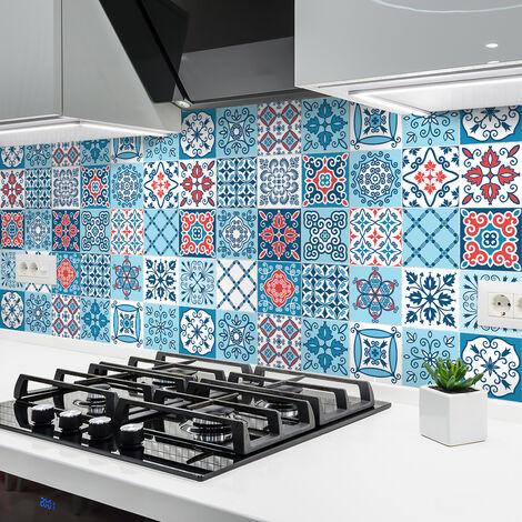 Sticker Mural Carrelage adhésif Cuisine Salle de Bain - 24 STICKERS CARREAUX DE CIMENT AZULEJOS CLIRIONA - 24stickers10x10cm (1/5)