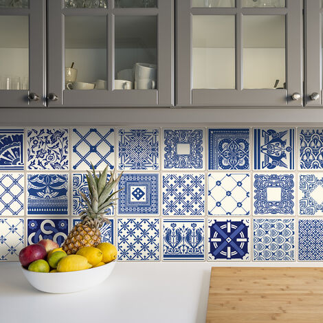 Sticker Mural Carrelage adhésif Cuisine Salle de Bain - 24 STICKERS CARREAUX DE CIMENT AZULEJOS DIONISIO - 24stickers10x10cm (1/5)