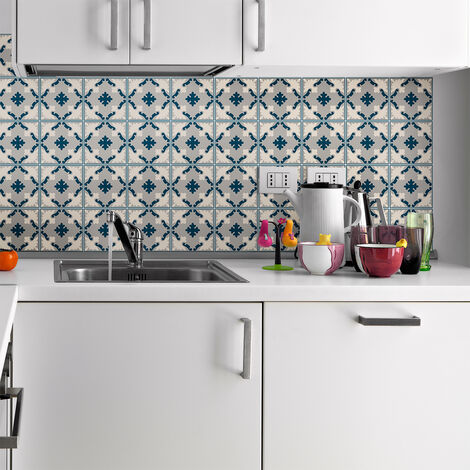 Sticker Mural Carrelage adhésif Cuisine Salle de Bain - 24 STICKERS CARREAUX DE CIMENT AZULEJOS CARMITA - 24stickers10x10cm (1/5)