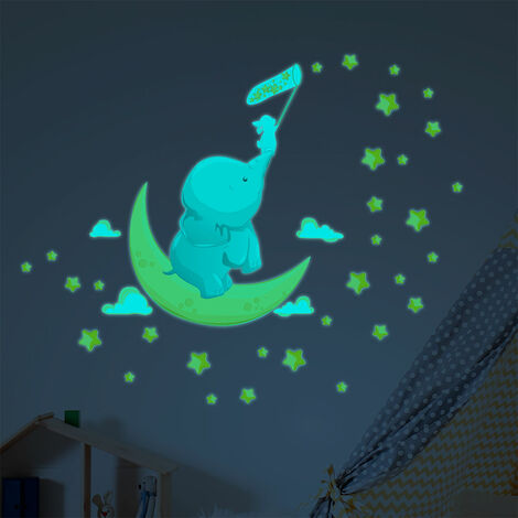 Sticker phosphorescent lumineux - ÉLÉPHANT ET LAPIN ATTRAPENT LES ÉTOILES + 110 ÉTOILES - Autocollant mural plafond enfant - 40x30cm (1/5)