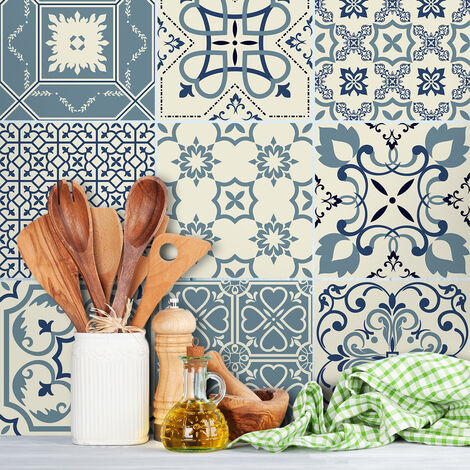 Sticker Mural Carrelage adhésif Cuisine Salle de Bain - 9 STICKERS CARREAUX DE CIMENT AZULEJOS TEO - 9stickers15x15cm (1/5)