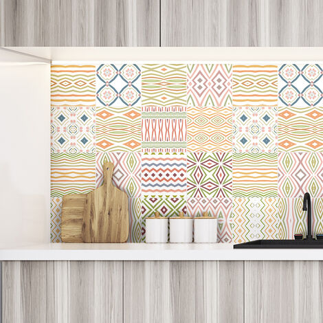 Sticker Mural Carrelage adhésif Cuisine Salle de Bain - 24 STICKERS CARREAUX DE CIMENT ETHNIQUE MATSUMOTO - 24stickers10x10cm (1/5)