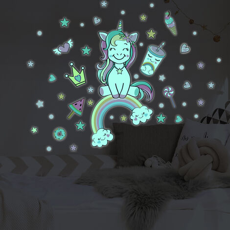 Sticker phosphorescent lumineux - LICORNE REINE DES FRIANDISES - Autocollant mural plafond enfant fluorescent - 100x100cm