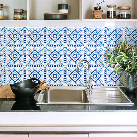 Sticker Mural Carrelage adhésif Cuisine Salle de Bain - 9 STICKERS CARREAUX DE CIMENT AZULEJOS VICENTE - 9stickers15x15cm (1/5)