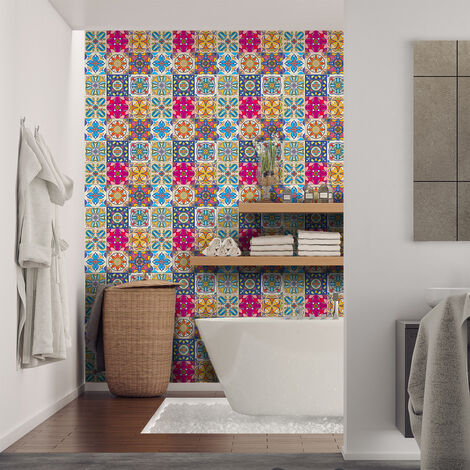 Sticker Mural Carrelage adhésif Cuisine Salle de Bain - 9 STICKERS CARREAUX DE CIMENT AZULEJOS TONIA - 9stickers15x15cm (1/5)