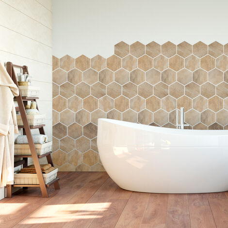 Sticker Mural Carrelage adhésif Cuisine Salle de Bain - CARRELAGES HEXAGONES BOIS PATINÉ - 28stickershexagones15x13,5cm