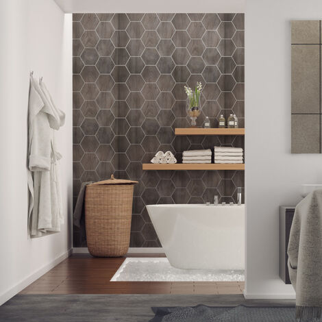 Sticker Mural Carrelage adhésif Cuisine Salle de Bain - CARREAUX DE CIMENT HEXAGONES BOIS AUBIER - 28stickershexagones10x9cm (1/5)