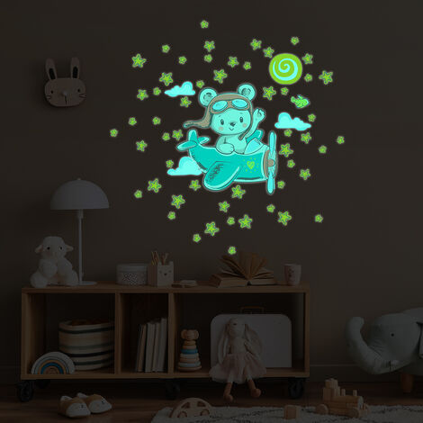 Sticker phosphorescent lumineux - OURSON PILOTE + 50 ÉTOILES - Autocollant mural plafond enfant fluorescent - 40x45cm (1/5)