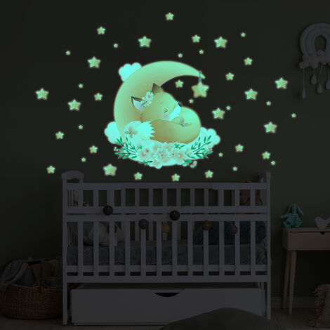 Sticker phosphorescent lumineux - RENARD DANS LES ÉTOILES + 40 ÉTOILES - Autocollant mural plafond enfant fluorescent - 90x100cm (1/5)