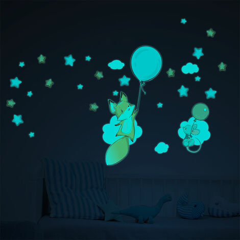 Sticker phosphorescent lumineux - RENARD ET SOURIS VOLANT + 80 ÉTOILES - Autocollant mural plafond enfant fluorescent - 90x120cm (1/5)