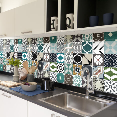 Sticker Mural Carrelage adhésif Cuisine Salle de Bain - 30 STICKERS CARREAUX DE CIMENT AUTHENTIQUES AILANI - 30stickers10x10cm (1/5)