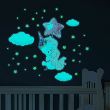 Sticker phosphorescent lumineux - LICORNE ENVOLÉ + 110 ÉTOILES - Autocollant mural plafond enfant fluorescent - 95x70cm (1/5)