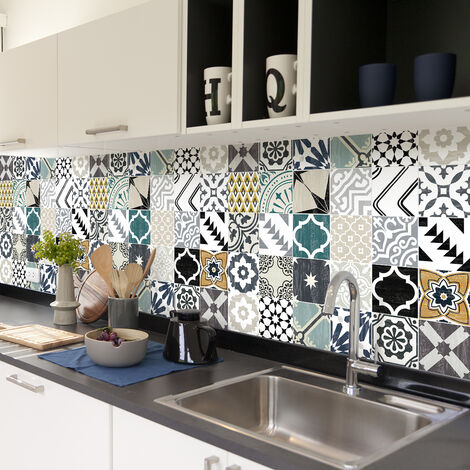 Sticker Mural Carrelage adhésif Cuisine Salle de Bain - 30 STICKERS CARREAUX DE CIMENT AUTHENTIQUES CARLO - 30stickers10x10cm (1/5)