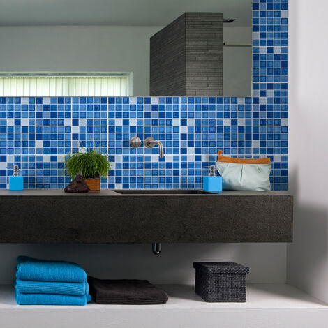 Sticker Mural Carrelage adhésif Cuisine Salle de Bain - 9 STICKERS CARRELAGES AZULEJOS MOSAÏQUES NUANCE DE BLEU - 9stickers15x15cm (1/5)