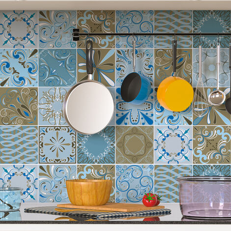 Sticker Mural Carrelage adhésif Cuisine Salle de Bain - 30 STICKERS CARREAUX DE CIMENT AZULEJOS MELBOURNE - 30stickers20x20cm (1/5)