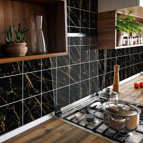 Sticker Mural Carrelage adhésif Cuisine Salle de Bain - 30 STICKERS CARRELAGES MARBRE NOIR DE RODHES - 30stickers20x20cm